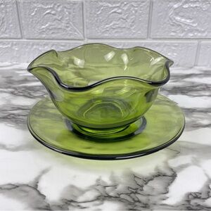 Vintage Indiana Glass Green Olive Mayonnaise Bowl and Underplate